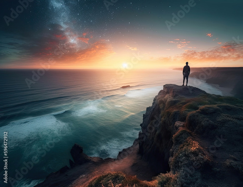 Looking over the ocean, wanderlust, sunrise, sunset, ocean view, background, travel, wonder, beautiful. Generative AI