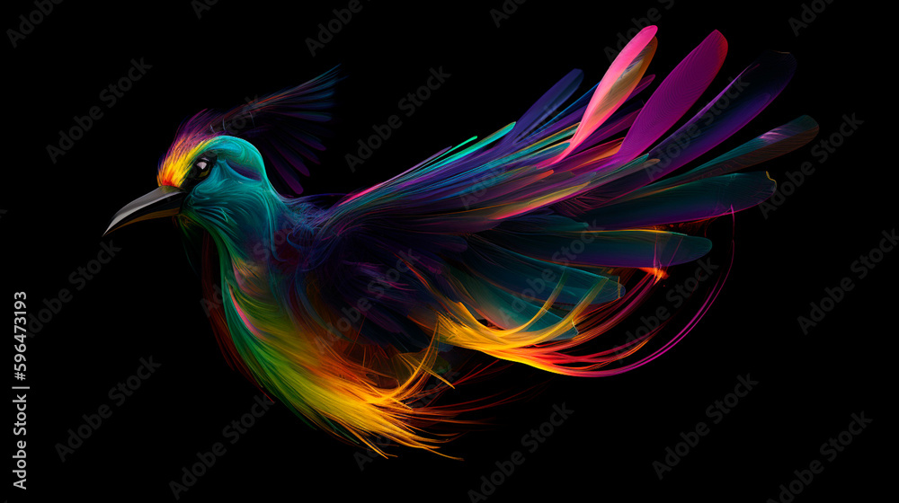 Fototapeta premium Colored abstract bird of paradise on a black background. Generative AI