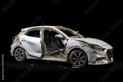 Damaged white car after collision isolated on transparent background in PNG file. Generative AI