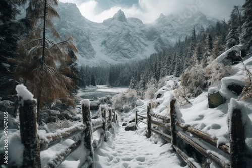 Winter in Tatra Mountains. Oswald Balzer's trail to Morskie Oko lake. Generative AI