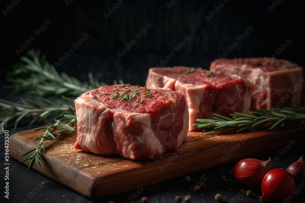 Raw pork meat or stake product photography. Delicious cuisine uncooked loin piece with spices for culinary product photography. Ai generated