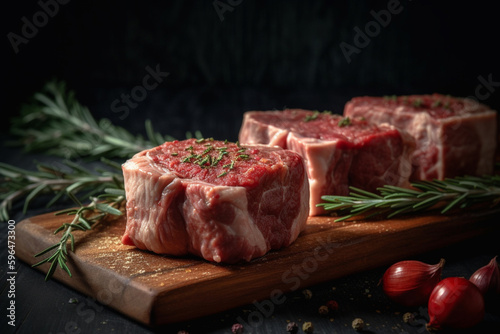 Raw pork meat or stake product photography. Delicious cuisine uncooked loin piece with spices for culinary product photography. Ai generated
