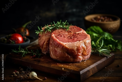 Raw pork meat or stake product photography. Delicious cuisine uncooked loin piece with spices for culinary product photography. Ai generated