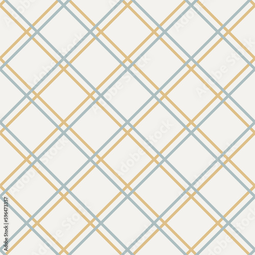 Square grid vector seamless pattern. Abstract linear geometric texture with thin diagonal crossing lines  rhombuses  mesh  lattice  grill. Simple retro style background. Green  yellow and beige color
