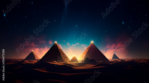 Egyptian pyramids are present in this future desert environment at night. Stars in the night sky  light beams  and galaxy glare. in the pyramid s tunnel. Generative AI