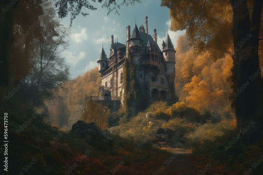 A magical castle nestled in the woods. Generative AI