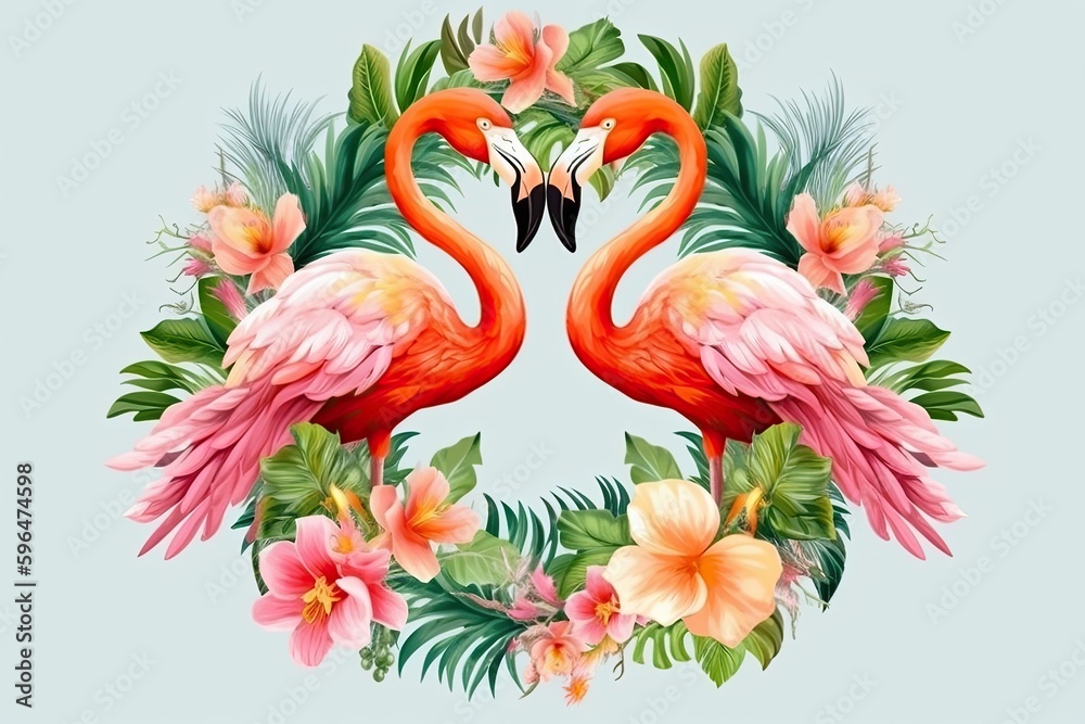 Naklejka premium two pink flamingos in a tropical paradise. Generative AI