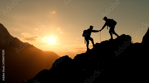Help and assistance concept. Silhouettes of two people climbing on mountain and helping. Generative AI