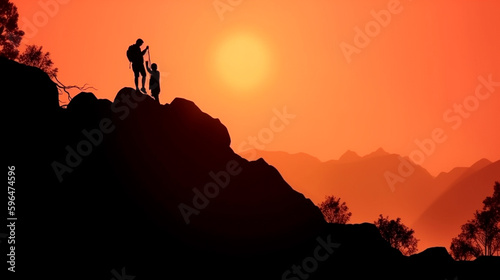 Help and assistance concept. Silhouettes of two people climbing on mountain and helping. Generative AI
