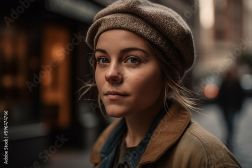 young adult woman outside in front of a restaurant or bar wearing a woolen hat and a winter jacket. Generative AI