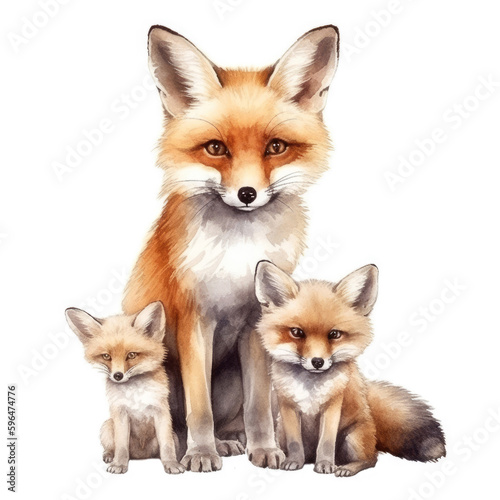 Cute Fox family watercolor Generative AI