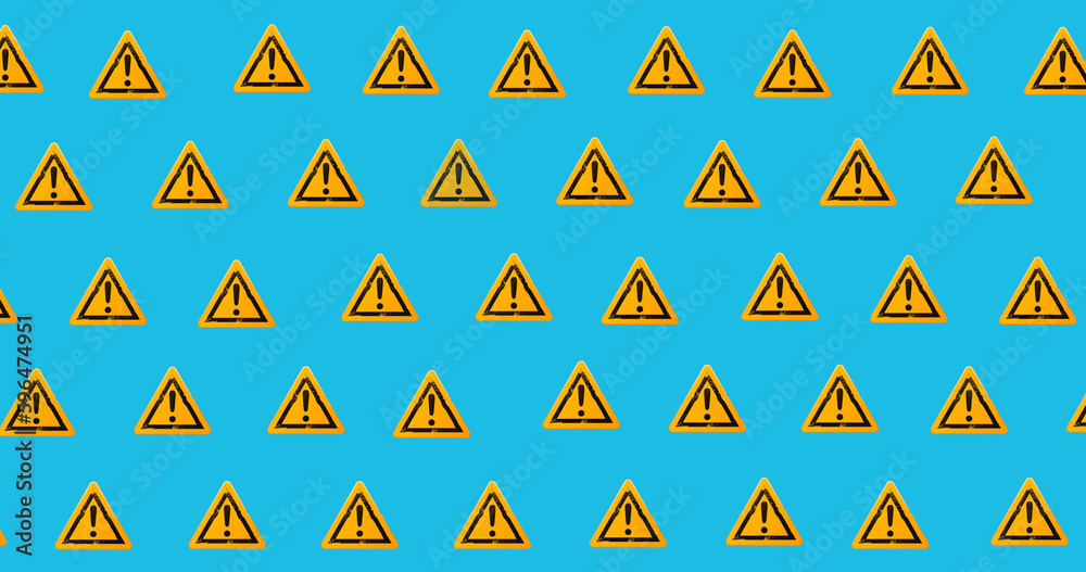 Yellow triangle attention warning signs with black exclamation marks repeated on blue background Yellow triangle attention warning signs with black exclamation marks repeated on blue background
