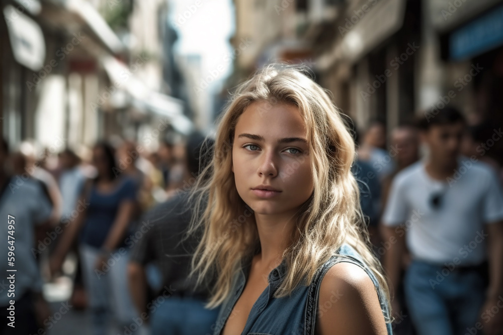 skepticism or negative attitude, young adult woman City break in sunny weather, in the background locals and other tourists in the side street with shops. Generative AI