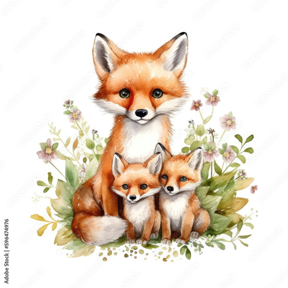 Obraz premium Cute Fox family watercolor Generative AI