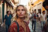 skepticism or negative attitude, young adult woman City break in sunny weather, in the background locals and other tourists in the side street with shops. Generative AI