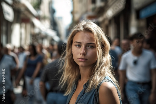 skepticism or negative attitude, young adult woman City break in sunny weather, in the background locals and other tourists in the side street with shops. Generative AI