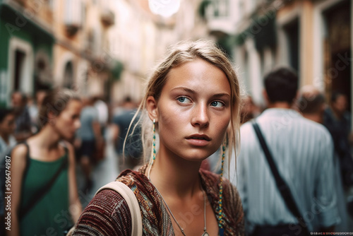 skepticism or annoying, young adult woman City break in sunny weather, in the background locals and other tourists in the side street with shops. Generative AI