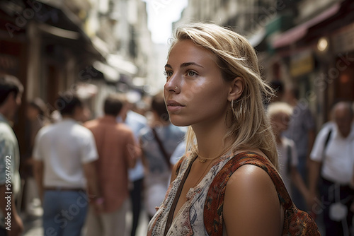 young adult woman city trip with sunny weather, in the background locals and other tourists in the side street with shops. Generative AI