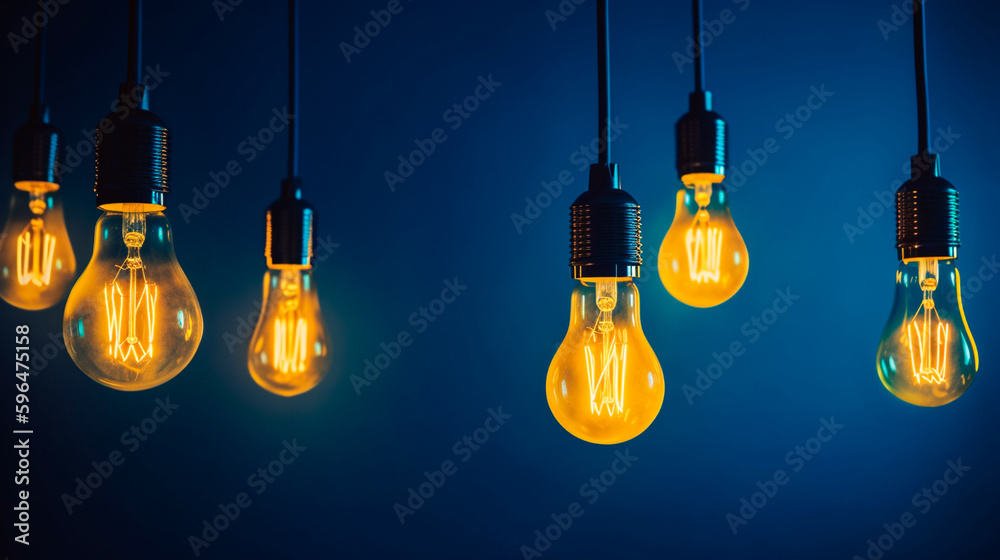 Minimal concept idea, flat lay, top view of yellow light bulbs hanging against a blue background and each glowing with a unique theme. Generative AI Minimal concept idea, flat lay, top view of yellow light bulbs hanging against a blue background and each glowing with a unique theme. Generative AI
