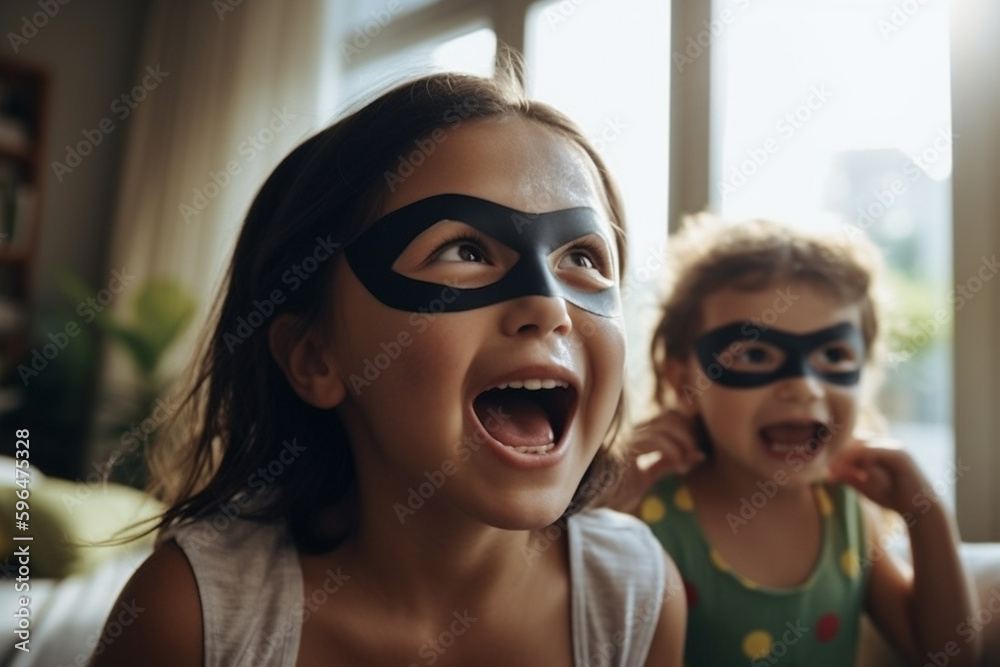 two kids girls, super hero, children dress up as heroines. Generative AI
