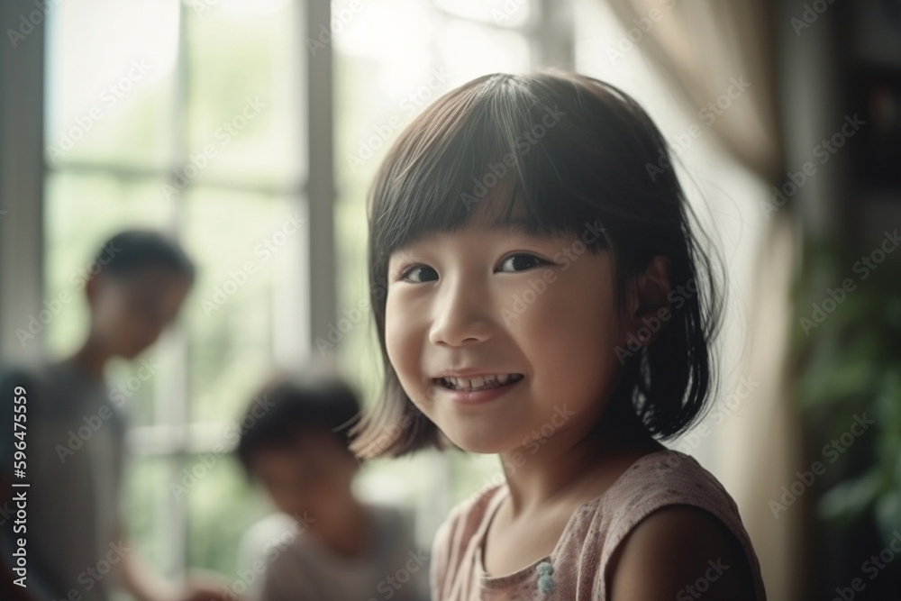 young child girl with two brothers. Generative AI young child girl with two brothers. Generative AI