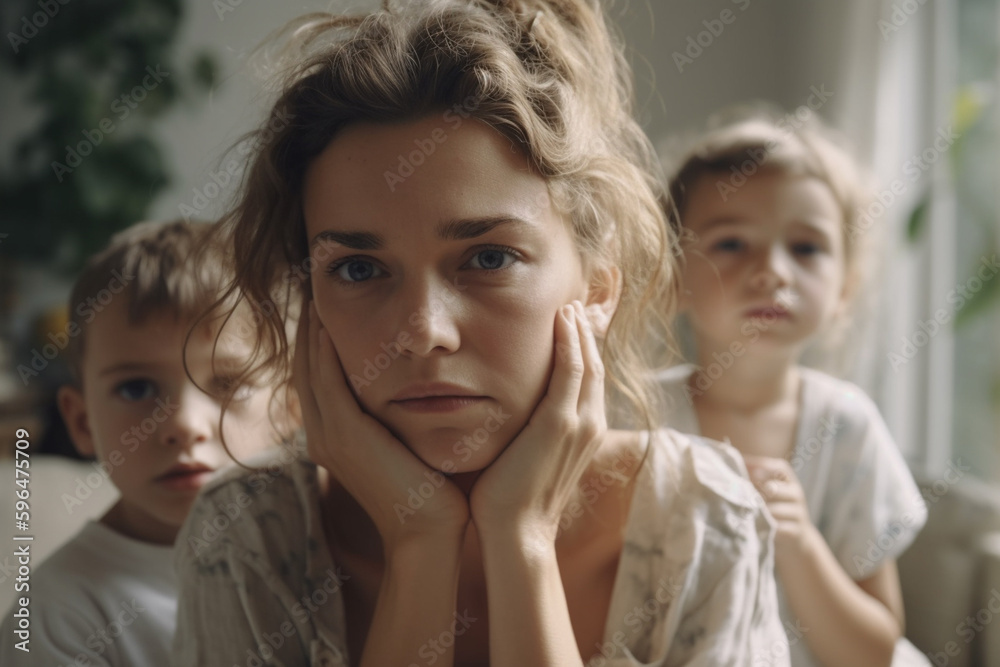 adult woman is mother, tense facial expression. Generative AI adult woman is mother, tense facial expression. Generative AI