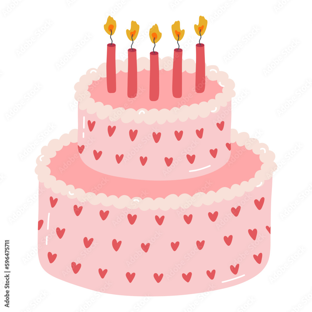 Cute birthday cake with burning candles. Dessert for celebration, anniversary, wedding. Stylized vector illustration of holiday cupcake. Trendy hand drawn clipart in the scandinavian style Cute birthday cake with burning candles. Dessert for celebration, anniversary, wedding. Stylized vector illustration of holiday cupcake. Trendy hand drawn clipart in the scandinavian style