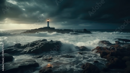 A Lighthouse located on an Island made of Rocks, there are Huge Waves, Cloudy and lot of Wind. Generative AI