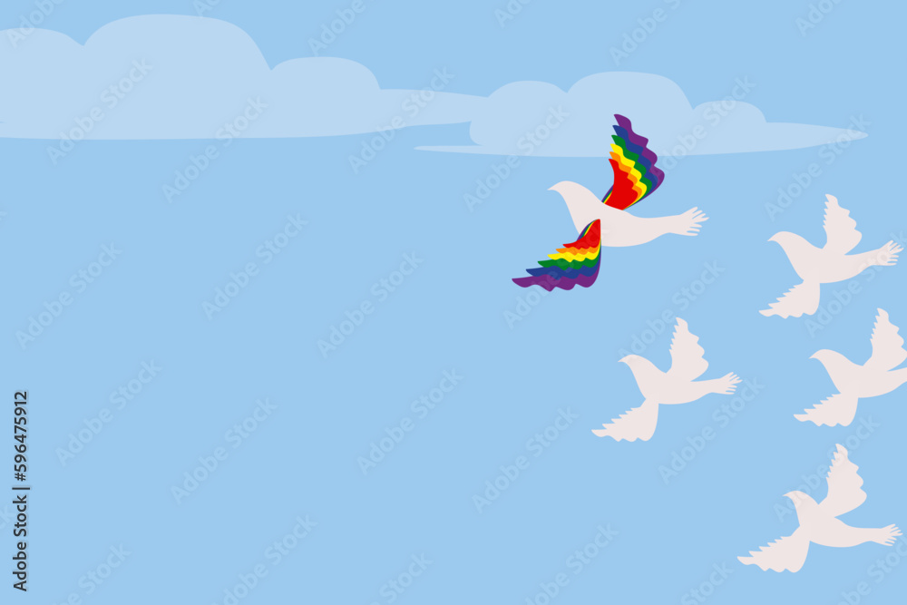 Pride month background rainbow pigeon bird flying freedom symbol LGBTQ Pride Flag Colours. Vector illustration pride month June support. Copy space
Pride month background rainbow pigeon bird flying freedom symbol LGBTQ Pride Flag Colours. Vector illustration pride month June support. Copy space