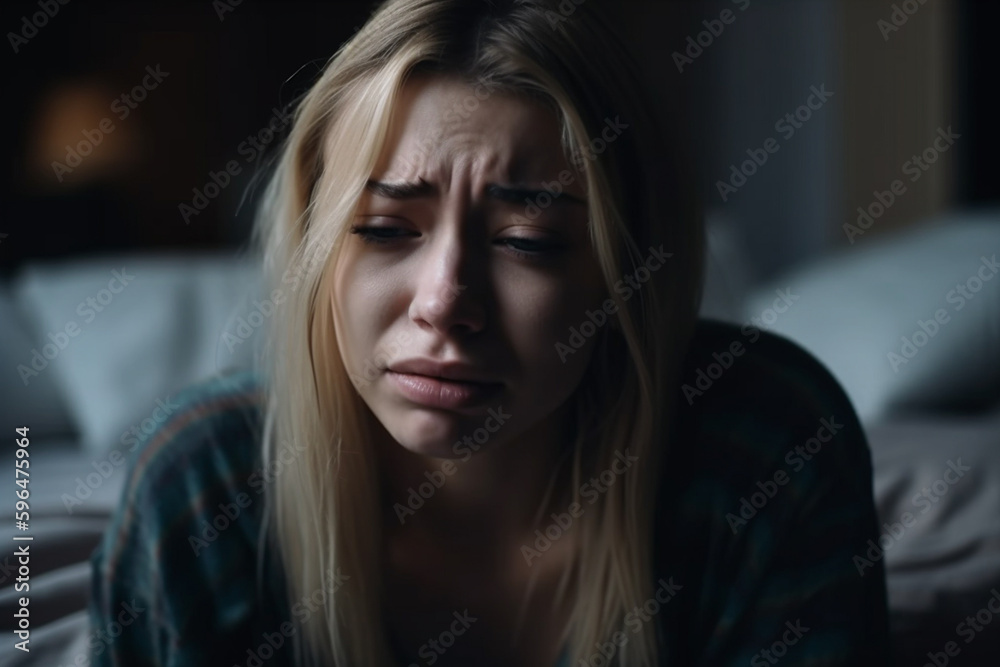 young adult woman or teenager girl is sad or nearly crying. Generative AI young adult woman or teenager girl is sad or nearly crying. Generative AI