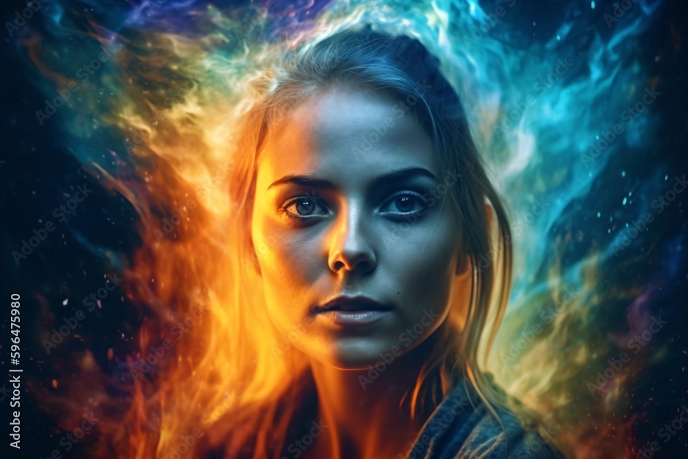 a young woman with blond hair surrounded by rainbow colors created with Generative AI technology