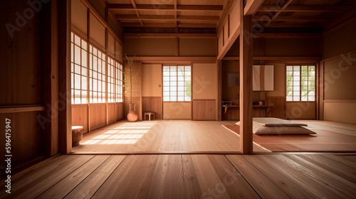 Muji design, an empty wooden room, and interior cleaning of a Japanese room. Generative AI