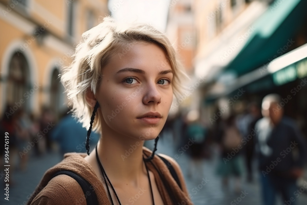 young adult woman outdoor in a small town or city. Generative AI