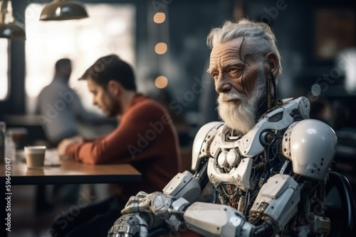 robot or an old man with artificial robot body parts, artificial intelligence as the evolution of man, machine and man combined. Generative AI