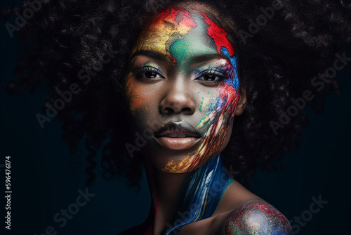 young adult woman with abstract creative colors or make up, close-up face, multiracial or multi-ethnical tanned beautiful female. Generative AI photo