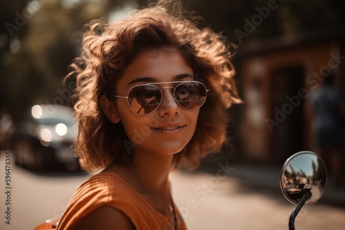 young adult woman have fun riding scooter, leisure time or outing in summer in local small side street, more people or tourists in the background. Generative AI