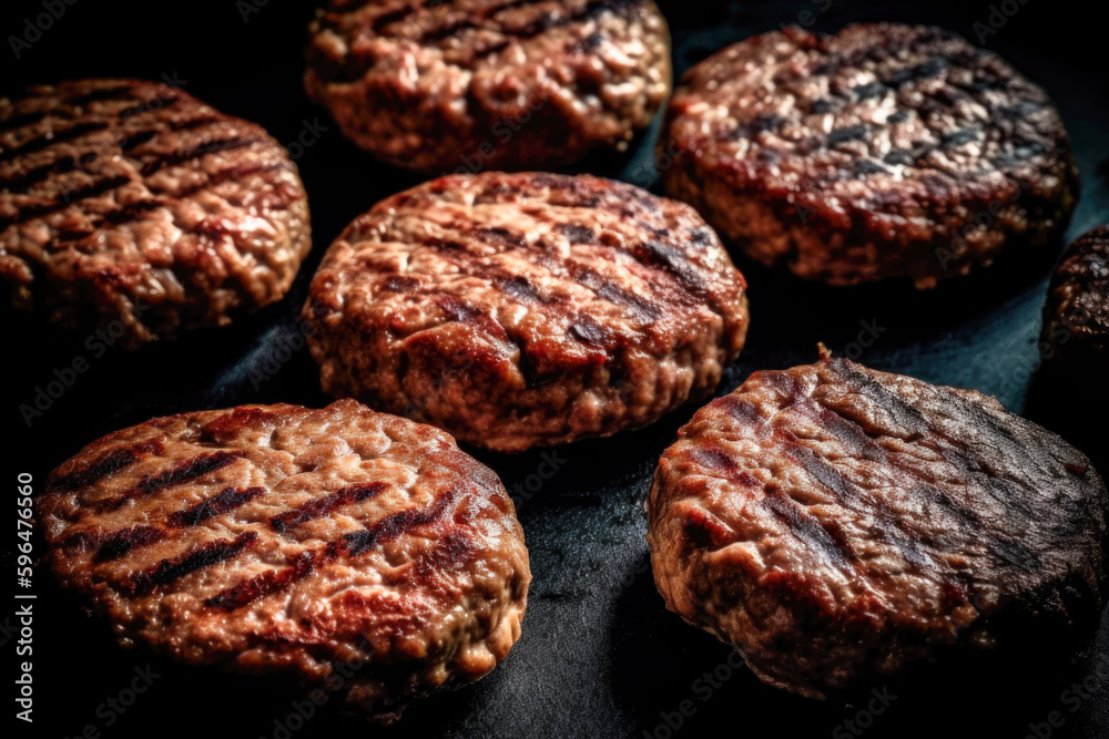 Grilled ground beef patties. BBQ meat. Black background. Top view. Copy