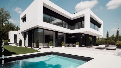 Ultra modern, minimalist, stylish house in white and black. Generative AI © Aram