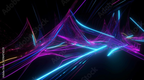 Streaking pink blue neon lines  glowing in the dark. Abstract minimalist geometric background Cyber space. Futuristic wallpaper Generative AI