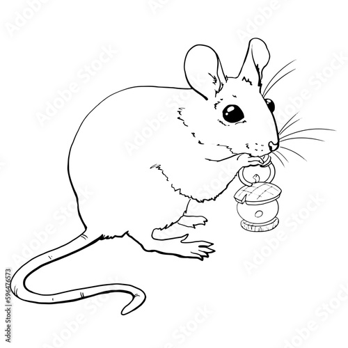 Vector image of a rat or mouse in profile with ears, long tail and paws. Mouse with a flashlight in its paws. Line drawing. For printing coloring pages for children, clothes, dishes, books.