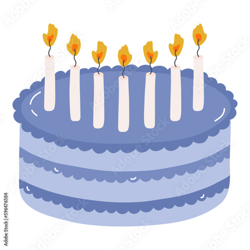 Cute birthday cake with burning candles. Dessert for celebration, anniversary, wedding. Stylized vector illustration of holiday cupcake. Trendy hand drawn clipart in the scandinavian style