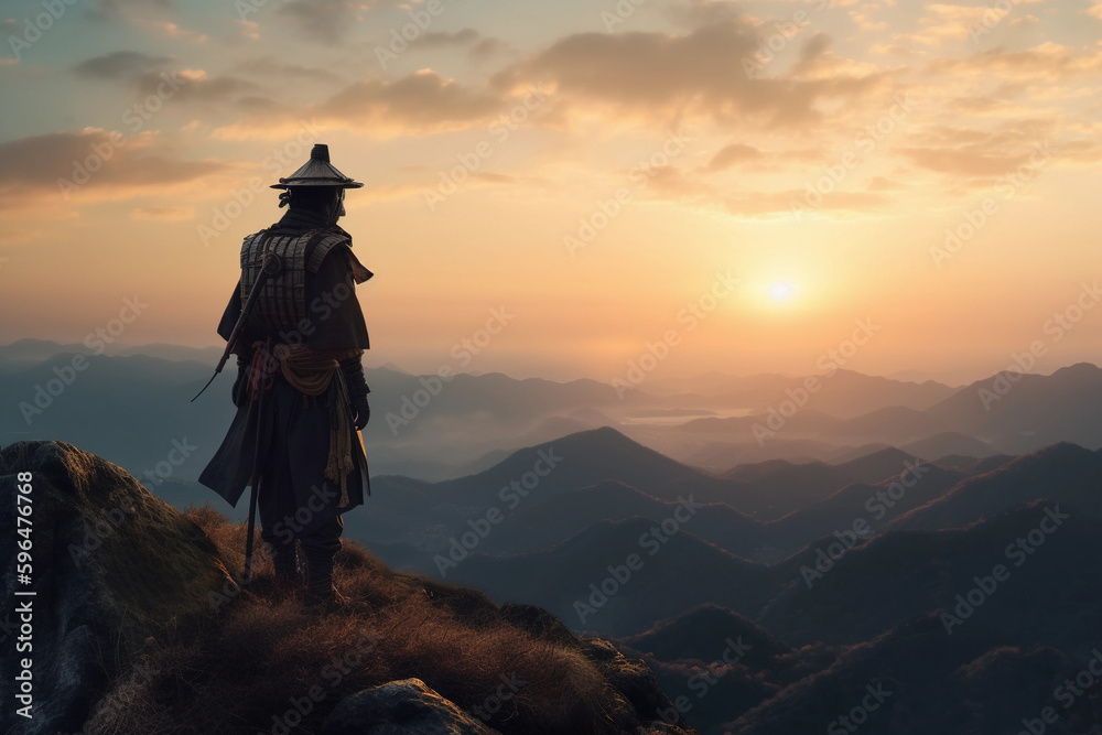 a samurai looks out over the world at sunset from a mountain, generative AI a samurai looks out over the world at sunset from a mountain, generative AI