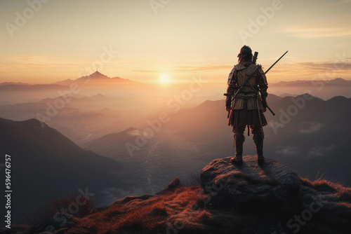 a samurai looks out over the world at sunset from a mountain, generative AI