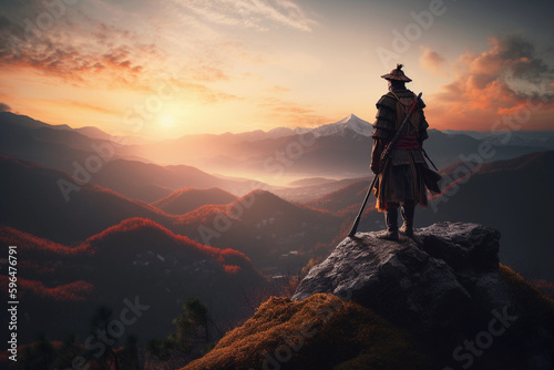 a samurai looks out over the world at sunset from a mountain, generative AI
