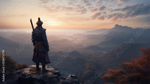 a samurai looks out over the world at sunset from a mountain, generative AI