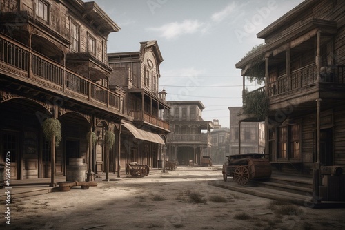 Rendered 3D wild west town street with old wooden buildings. Generative AI photo