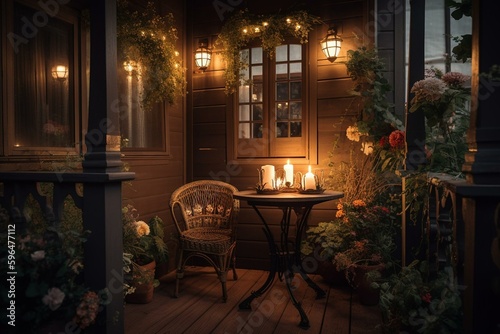 A cozy porch adorned with flowers  a table  a chair and a lit candle. Generative AI