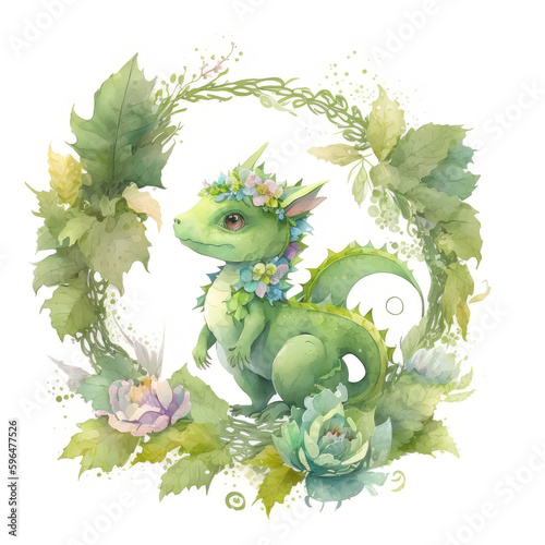 Green baby dragon cartoon watercolor Generative AI