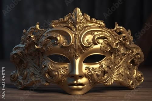 luxurious golden masquerade mask placed on a rustic wooden table. Generative AI