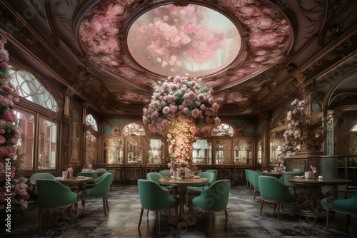 A digital art of a baroque tea room with pink and green flowers, tall domed ceiling, tables, and chairs. Generative AI